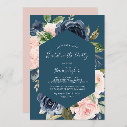 Blush and Navy Flowers Blue Bachelorette Party Kaart (Voorkant / Achterkant)