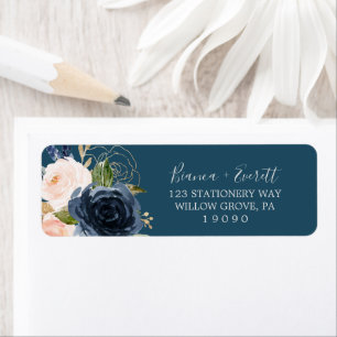 Blush and Navy Flowers Blue Return Address Label