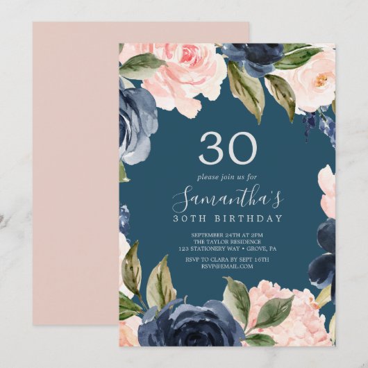 Blush and Navy Flowers Blue Wreath 30th Birthday Kaart (Voorkant / Achterkant)