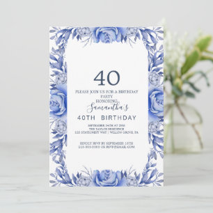 Blush and Navy Flowers Blue Wreath 40th Birthday Kaart