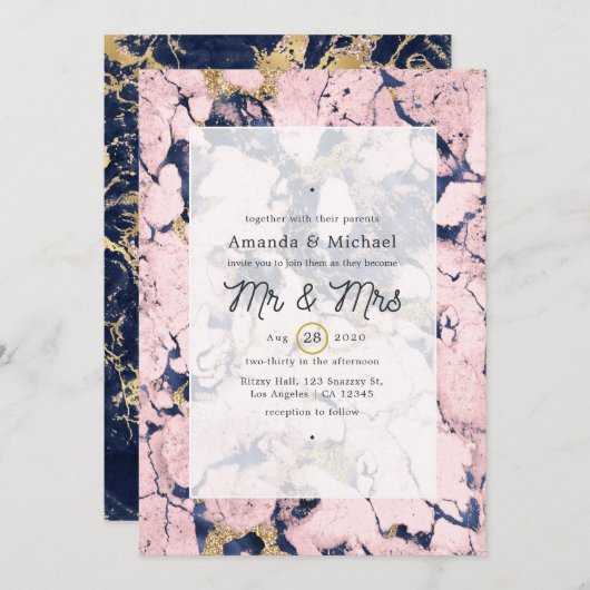 Blush and Navy Marmer Wedding Kaart (Voorkant / Achterkant)