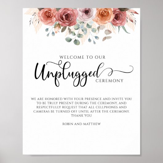 Blush and Peach Floral, Unplugged Ceremony Sign Poster (Voorkant)