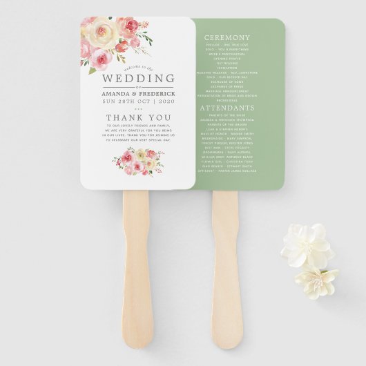 Blush and Sage Green Floral Wedding Programme Handwaaier (Voorkant en achterkant)