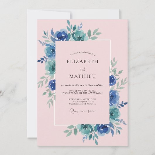 Blush Azure Bloem Bruiloft Kaart (Voorkant)