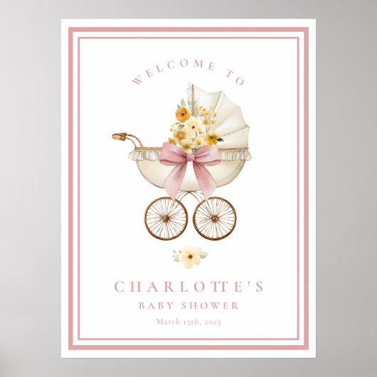 Blush Baby Shower Welcome Poster | Vintage Pram (Devant)