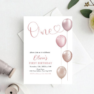 Blush balloons meisje eerste verjaardag kaart