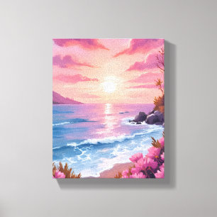 Blush Beach Bay Oceaan Zonsondergang Roze Aquare Canvas Afdruk
