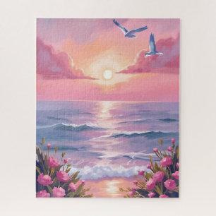 Blush Beach Roze Oceaan Zonsondergang Kust Water Legpuzzel