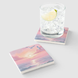 Blush Beach Roze Oceaan Zonsondergang Kust Water Stenen Onderzetter