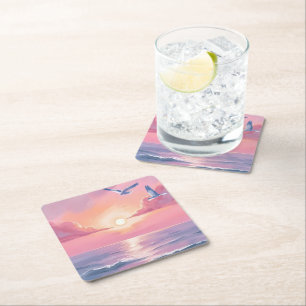 Blush Beach Roze Oceaan Zonsondergang Kust Water Vierkante Kartonnen Onderzetter