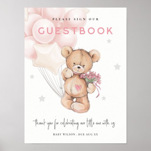 Blush Beer Ballon Gastboek Bord Baby Shower Poster (Voorkant)