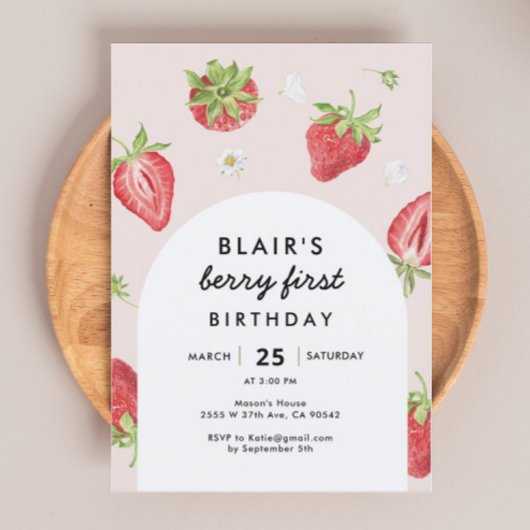 Blush Berry First Birthday Strawberry Theme Kaart