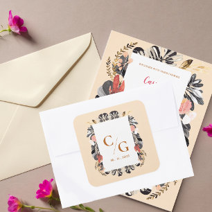 Blush & Black Bloemen Monogram Huwelijksomhuls Vierkante Sticker