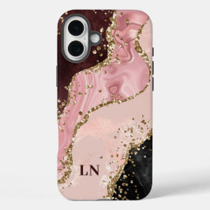 Blush Black Gold Glitter Agaat Monogram iPhone 16 Plus Hoesje