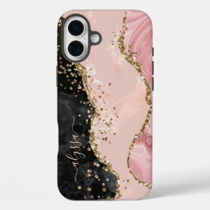Blush Black Gold Glitter Agaat Naam Script iPhone 16 Plus Hoesje