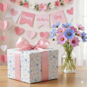Blush Blauwe Aquarel Bloemen Bloei Cadeaupapier