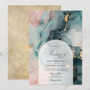 Blush & Blauwgroen Ink Swirls en Faux Gold Folie W Kaart