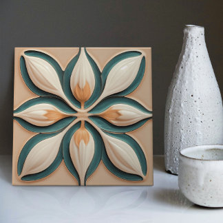 Blush Blauwgroen Tulps Symmetrische Art Deco Tegeltje
