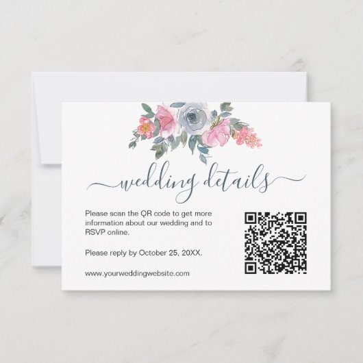 Blush Bleu Poussiéreux Code QR RSVP Aquarelle Flor (Devant)
