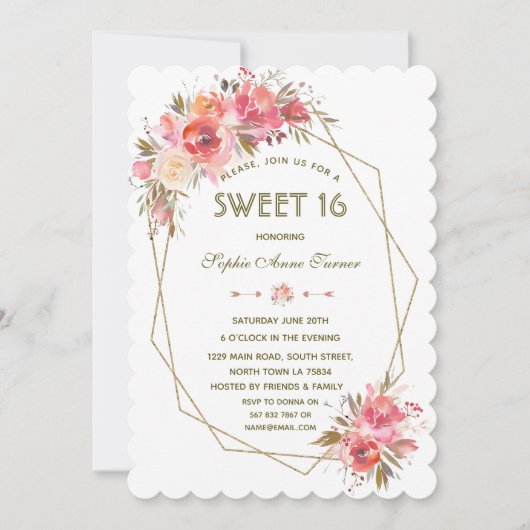 Blush Bloem Goud Glitter Frame Sweet Sixteen Kaart (Voorkant)