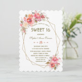 Blush Bloem Goud Glitter Frame Sweet Sixteen Kaart (Staand voorkant)