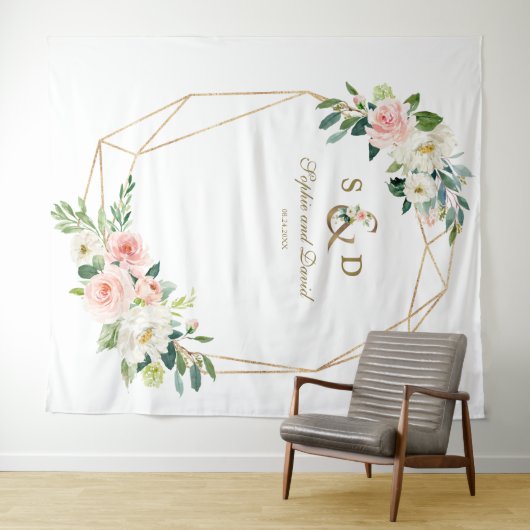 Blush Bloem Gouden Ampersand Monogram Fotohokje Wandkleed (In Situ (horizontaal))