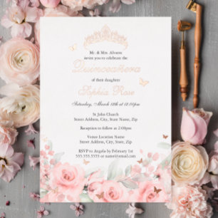 Blush Bloem Roze Gouden Vlinder Quinceanera Folie Uitnodiging