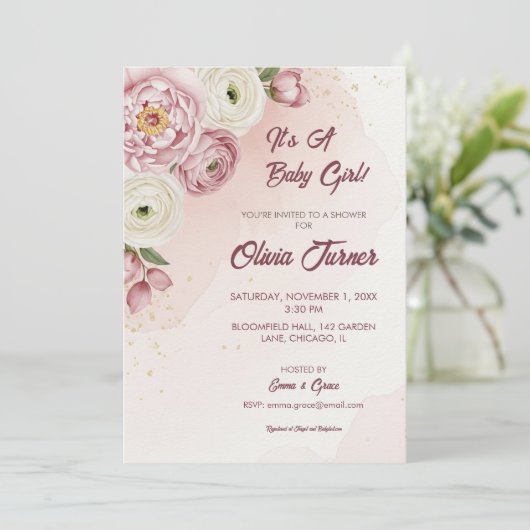 Blush Bloemen Baby shower Uitnodiging met Eleganti (Staand voorkant)