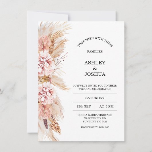 Blush Bloemen Boho Pampas Grass bruiloft uitnodigi Kaart (Voorkant)