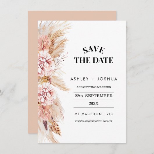 Blush Bloemen Boho Pampas Grass Opslaan van de dat Kaart (Voorkant / Achterkant)