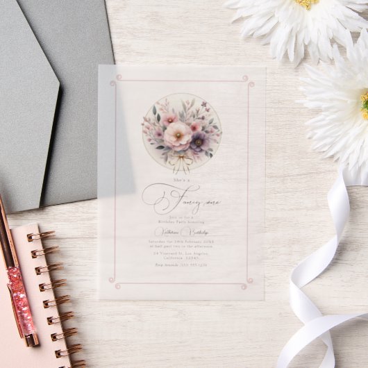Blush Bloemen Bow "Fancy One" Eerste Verjaardag Vellum Uitnodigingen (Huwelijk)