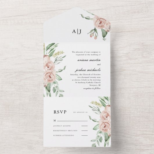 Blush Bloemen Bruiloft Alles in Een Uitnodiging (Binnen)