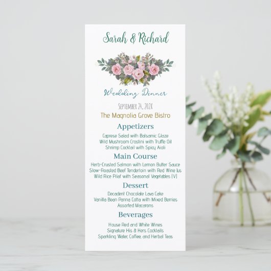 Blush bloemen bruiloft menu (Staand voorkant)