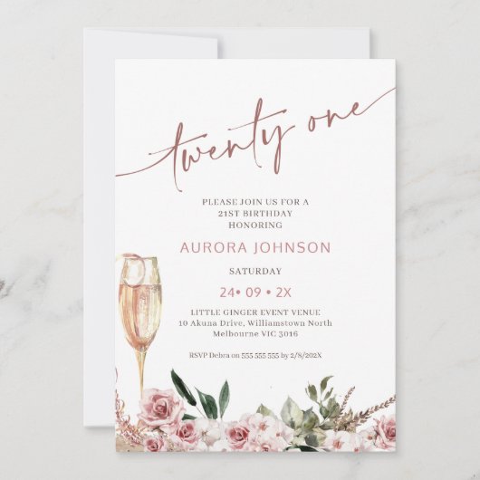 Blush Bloemen Champagne Glas 21e Verjaardag Kaart (Voorkant)