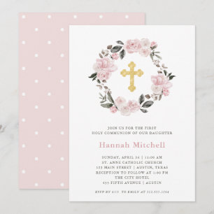 Blush bloemen en gouden kruis   Eerste Heilige Com Kaart
