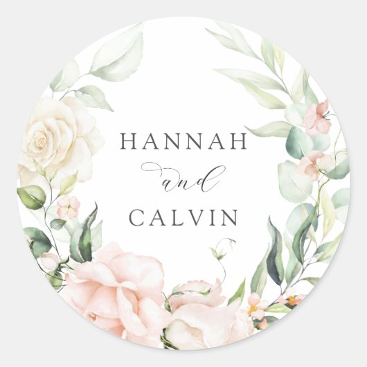 Blush Bloemen en groen Bruiloft Ronde Sticker (Voorkant)