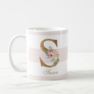 Blush Bloemen Gouden Folie Letter S Monogram Koffiemok