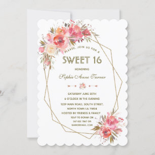 Blush Bloemen Gouden Glitter Fram Sweet Sixteen Kaart