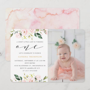 Blush Bloemen Greenery Meisje 1e Verjaardag Foto Kaart