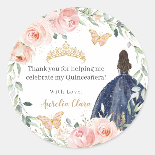 Blush Bloemen Marine Blauwe Jurk Quinceañera Sweet Ronde Sticker (Voorkant)