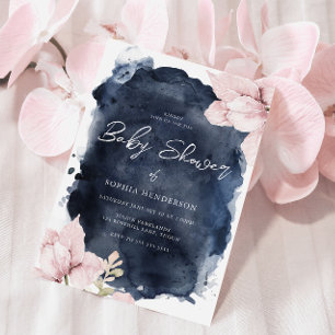 Blush Bloemen & Navy Waterverf Splash Baby shower Kaart
