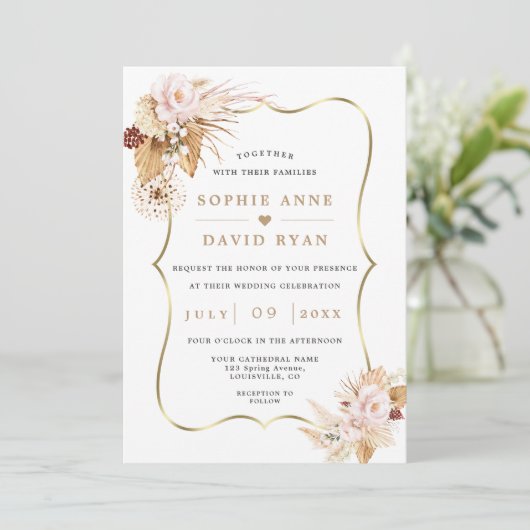 Blush Bloemen Pampas Gras Alles In Een Bruiloft Kaart (Staand voorkant)