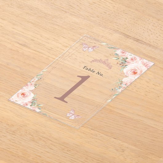 Blush Bloemen Roos Goud Quinceanera XV Tafelnummer Acryl Uitnodigingen (Laagn)