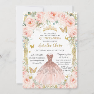 Blush Bloemen Roos gouden jurk Quinceañera Kaart