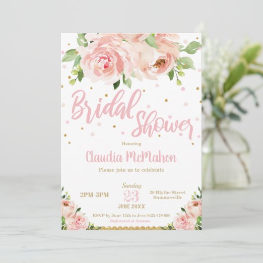 Blush Bloemen Rozen Vrijgezellenfeest Roze en Goud Kaart (Staand voorkant)