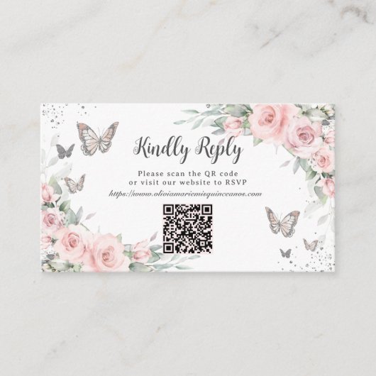 Blush Bloemen Vlinders Quinceañera QR Code RSVP Informatiekaartje (Voorkant)