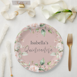 Blush Bloemen Waterverf Quinceañera Papier Papieren Bordje
