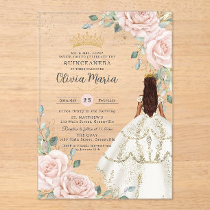 Blush Bloemen Witte Jurk Princess Gown Quinceañera Acryl Uitnodigingen