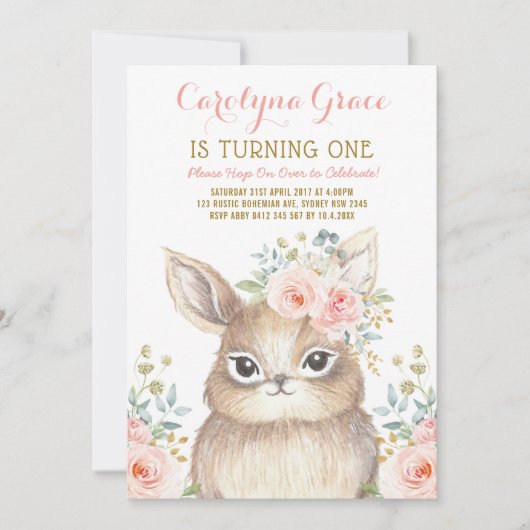Blush Bloemen Woodland Bunny Konijn 1e verjaardag Kaart (Voorkant)