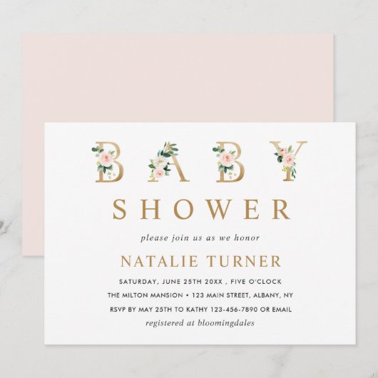 Blush bloemengouden letters Baby shower uitnodigin Kaart (Voorkant / Achterkant)